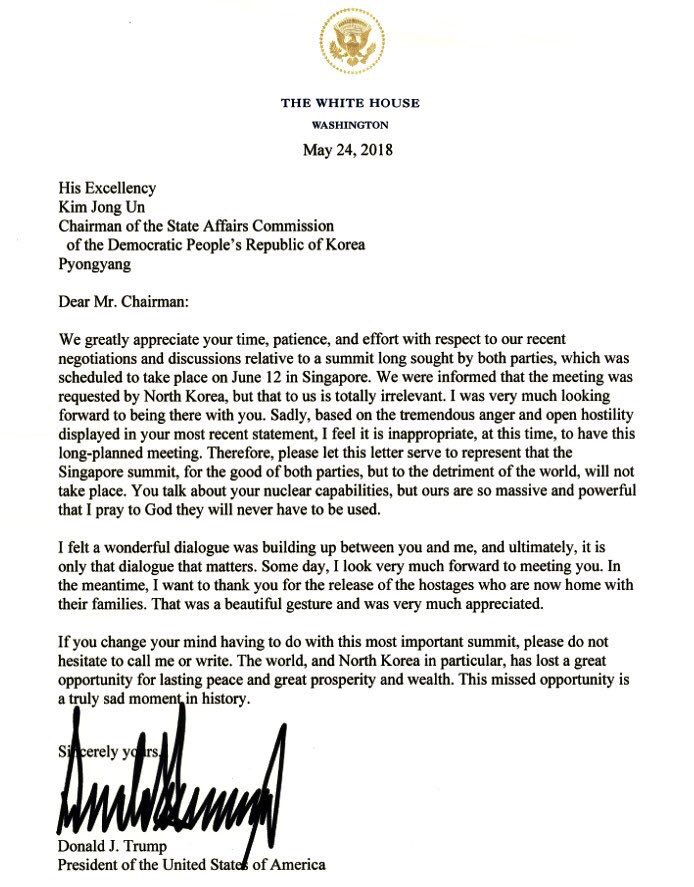 图为美国总统川普24日致北韩领导人金正恩取消塬预定6月12日在新加坡举行高峰会的信函。