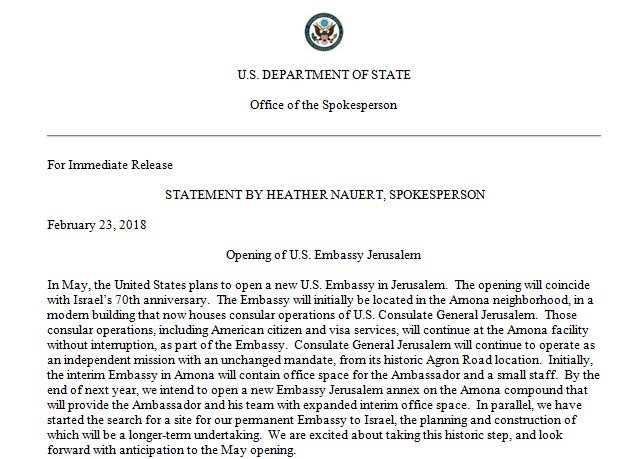 美国国务院2月23日发出驻以色列大使馆5月将在耶路撒冷开始运作的声明稿。