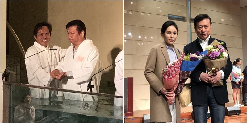 3月24日，張顯耀於台北靈糧堂受洗，由謝明宏牧師施洗（左圖），妻子也到場見證這極具意義的時刻（右圖）。