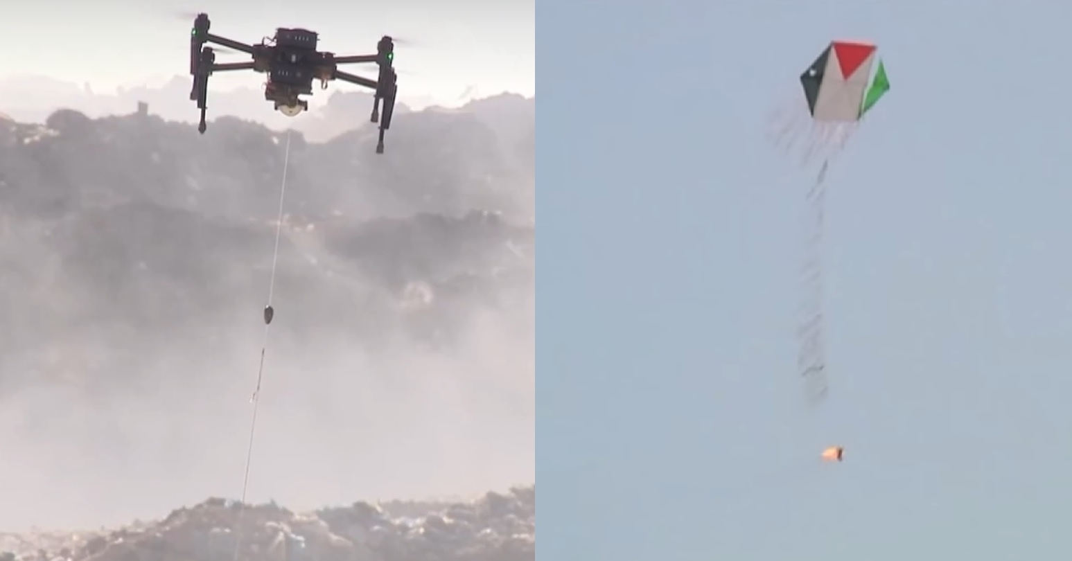 以色列軍方的偵查用無人飛機，下綁著釣魚線(左圖)。其中一個「火風箏」(右圖)。