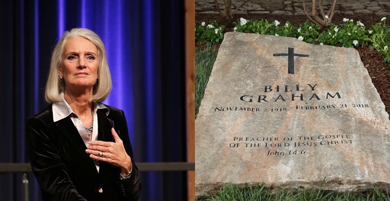 葛理翰牧师的女儿安．葛理翰．洛兹(Anne Graham Lotz)和葛理翰牧师的墓碑。