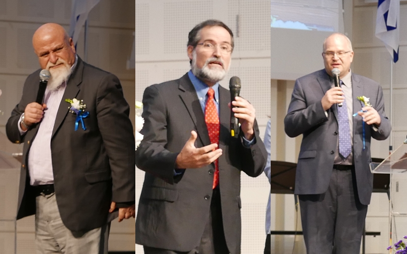 3位牧者感謝台灣為以色列禱告，並求神賜福台灣。右為ICEJ總裁猶根布勒牧師、中為彌賽亞信徒牧者艾維．米茲拉赫、左為阿拉伯牧者阿菲夫牧師。